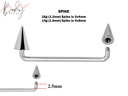 Surface Tragus Piercing, Wrist Piercing - 16g 14g Surface Staple Bar - Threaded Cone / Spike Body Piercing for Nape, Face, Chest, Hips