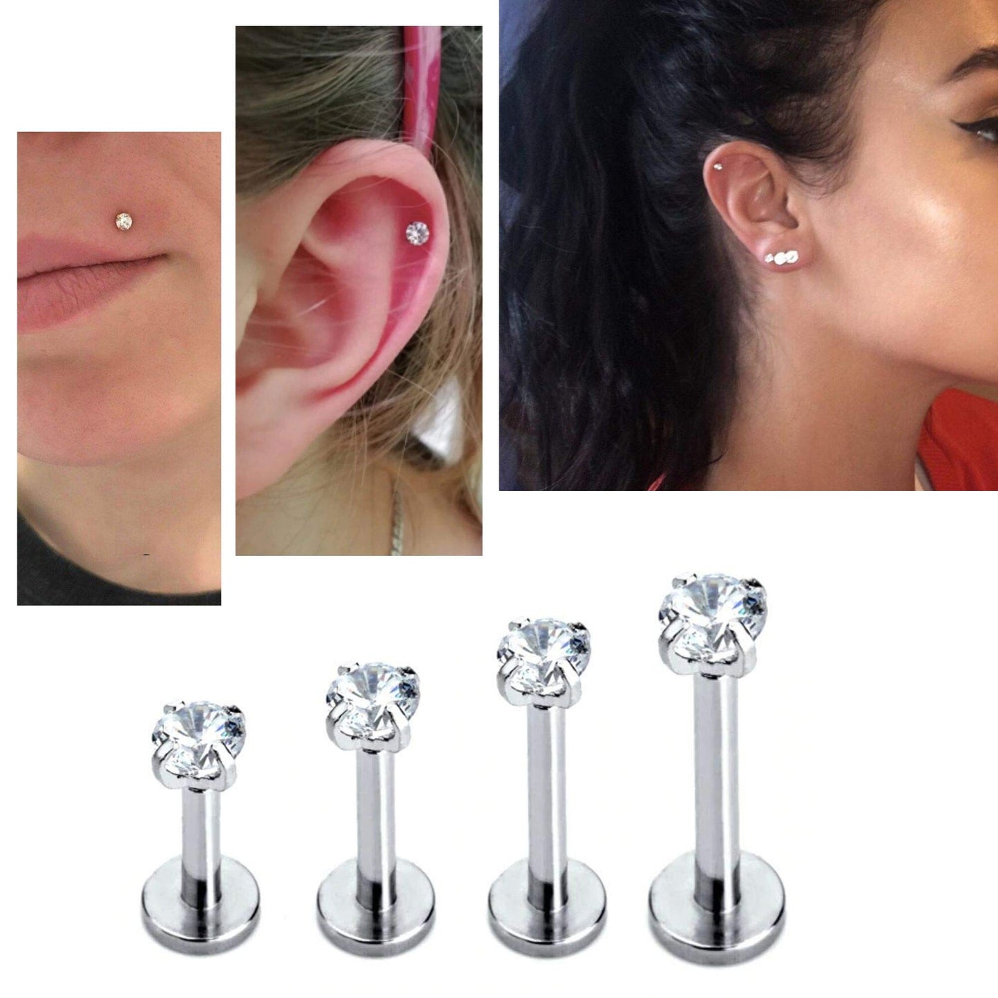 Tragus Earring, Flat Back Cartilage Earring with Prong Set Round CZ Crystal Piercing for 16g Labret Monroe Lip Ring Helix Rook Earring Stud