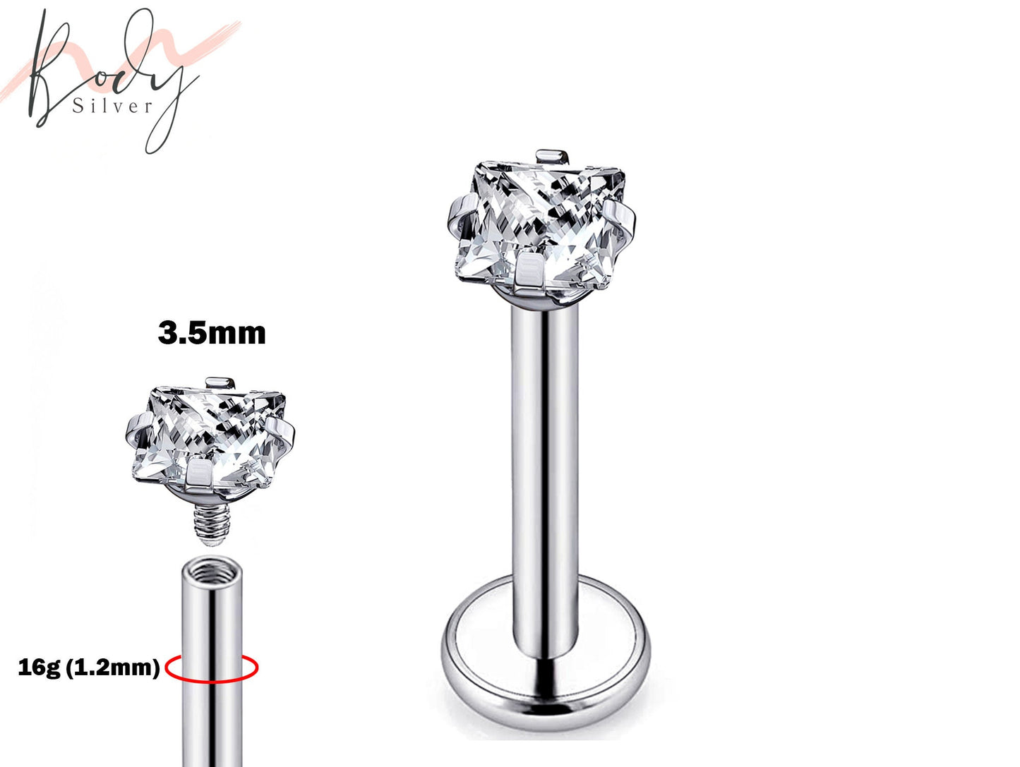 Flat Back Cartilage Earring Tragus Earring with Prong Set Square CZ Crystal Piercing for 16g Labret Monroe Lip Ring Helix Rook Earring Stud