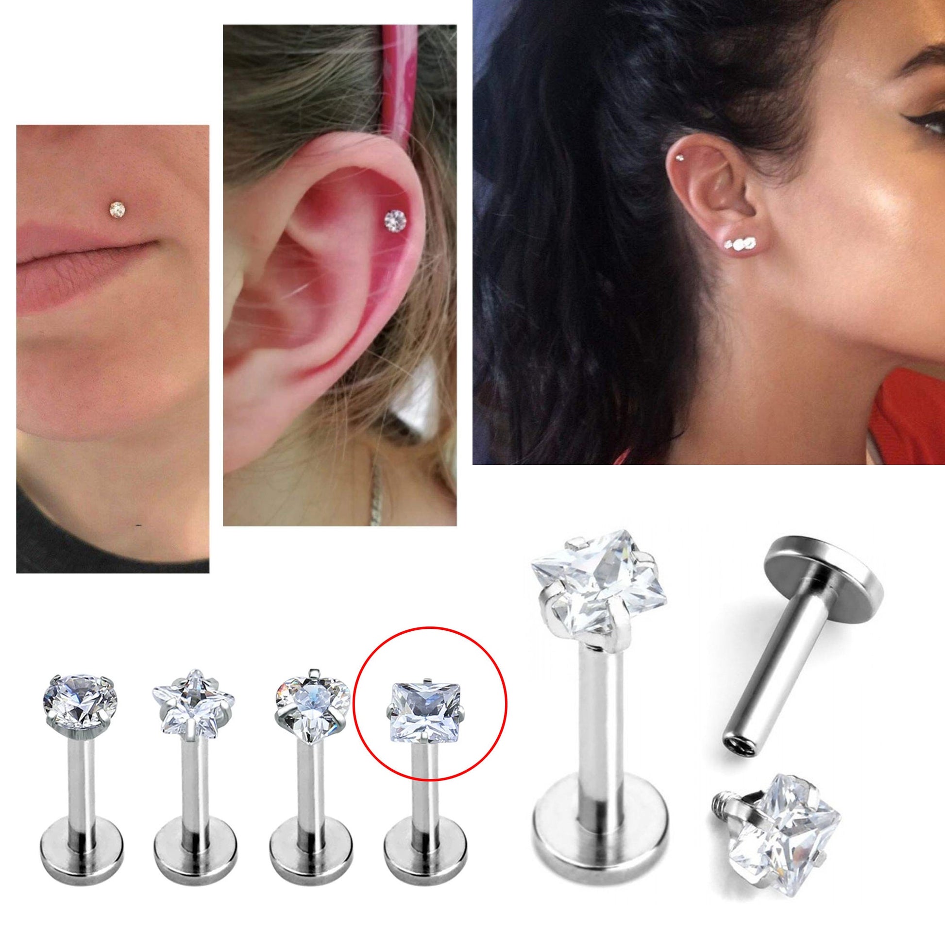 Flat Back Cartilage Earring Tragus Earring with Prong Set Square CZ Crystal Piercing for 16g Labret Monroe Lip Ring Helix Rook Earring Stud