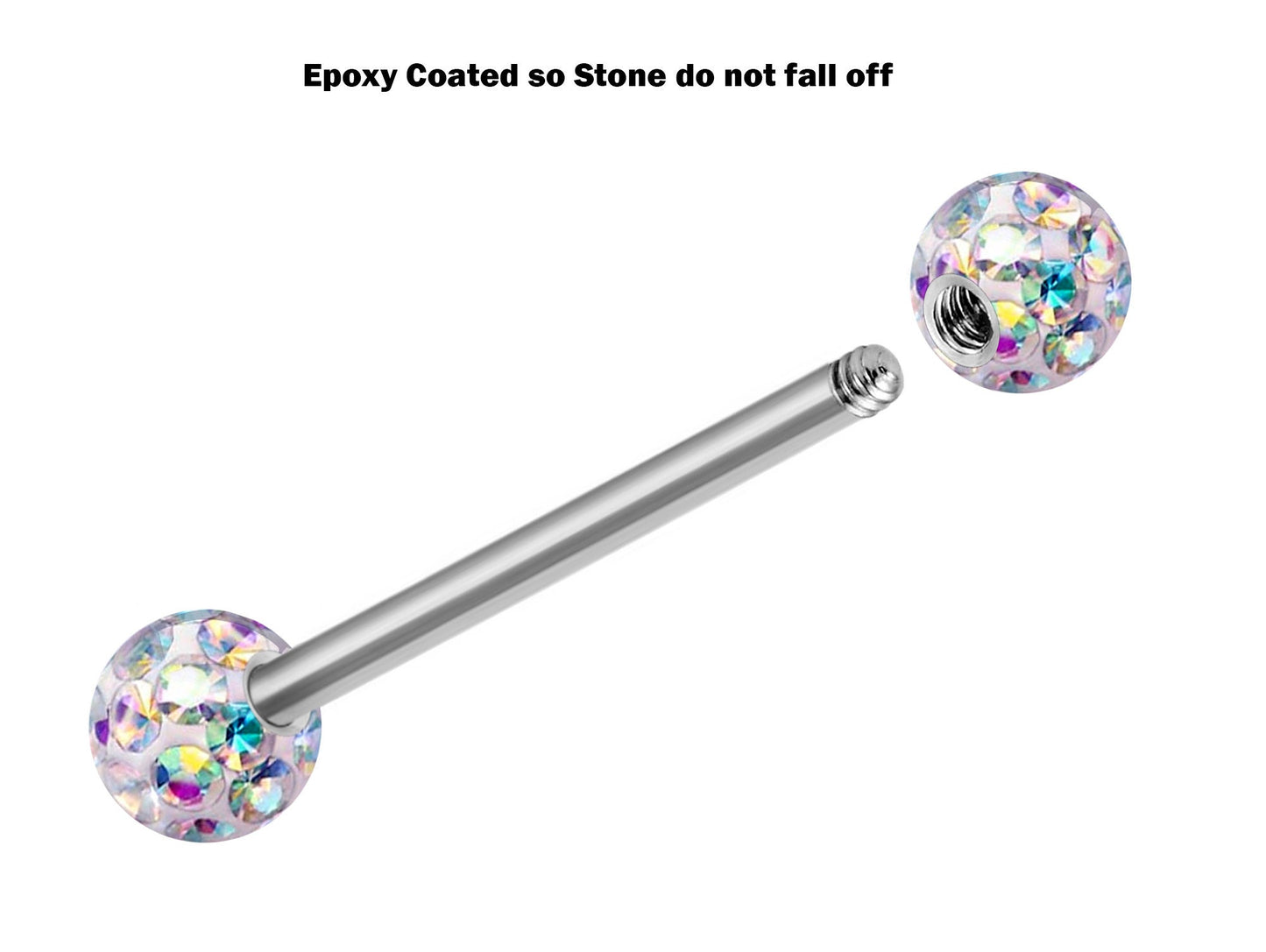 Tongue Ring, Straight Barbell Piercing - Barbell Studs with Epoxy Coated CZ Crystals - Industrial Piercing, Oral Piercing, Tongue Frenulum