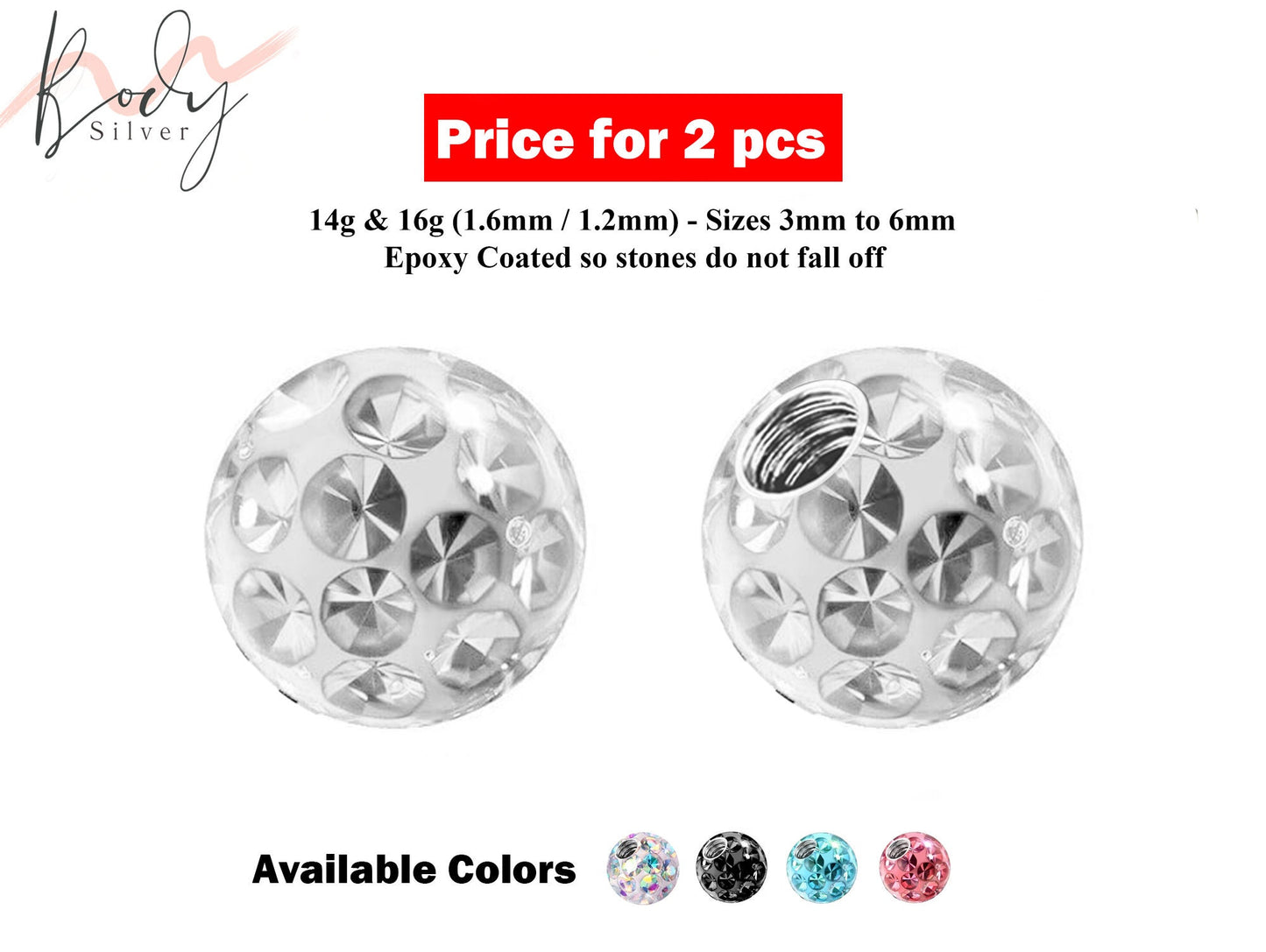 Replacement Piercing Parts, Epoxy Coated Disco Ball Crystal – 2pcs Ferido Ball Threaded Loose Part Attachment for Barbell, Labret, Horseshoe