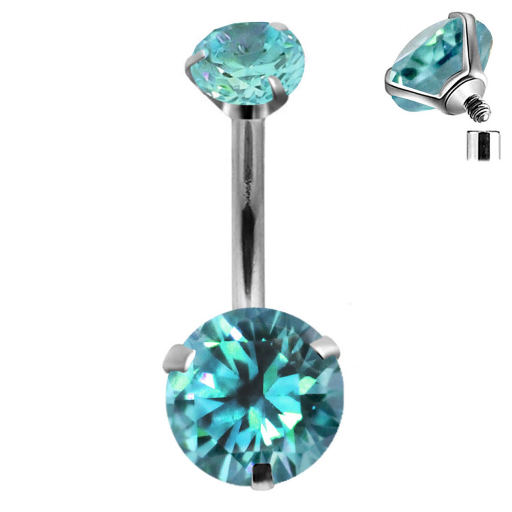 Titanium Belly Button Jewelry, Navel Jewelry - Round Prong Set Crystal Internally Threaded 14g Navel Bar Size 10mm - Double Gem Navel Ring