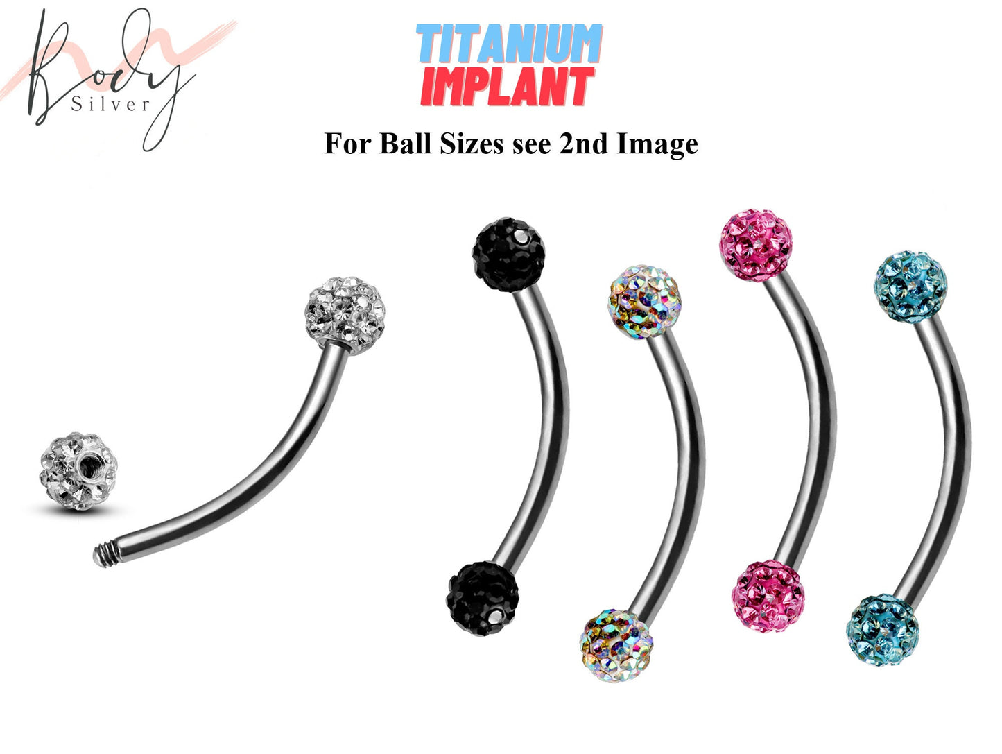 Titanium Eyebrow Ring, Bent Barbell - Rook Piercing with Glitter Ball CZ Crystals - Piercing for Ear Tragus, Helix Earring Stud ,Daith ,Lip