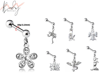 Tragus Earring, Helix Barbell Earrings - 16g Straight barbell with Silver Dangle Charms -Piercing for Helix, Rook, Industrial Bar, Snug