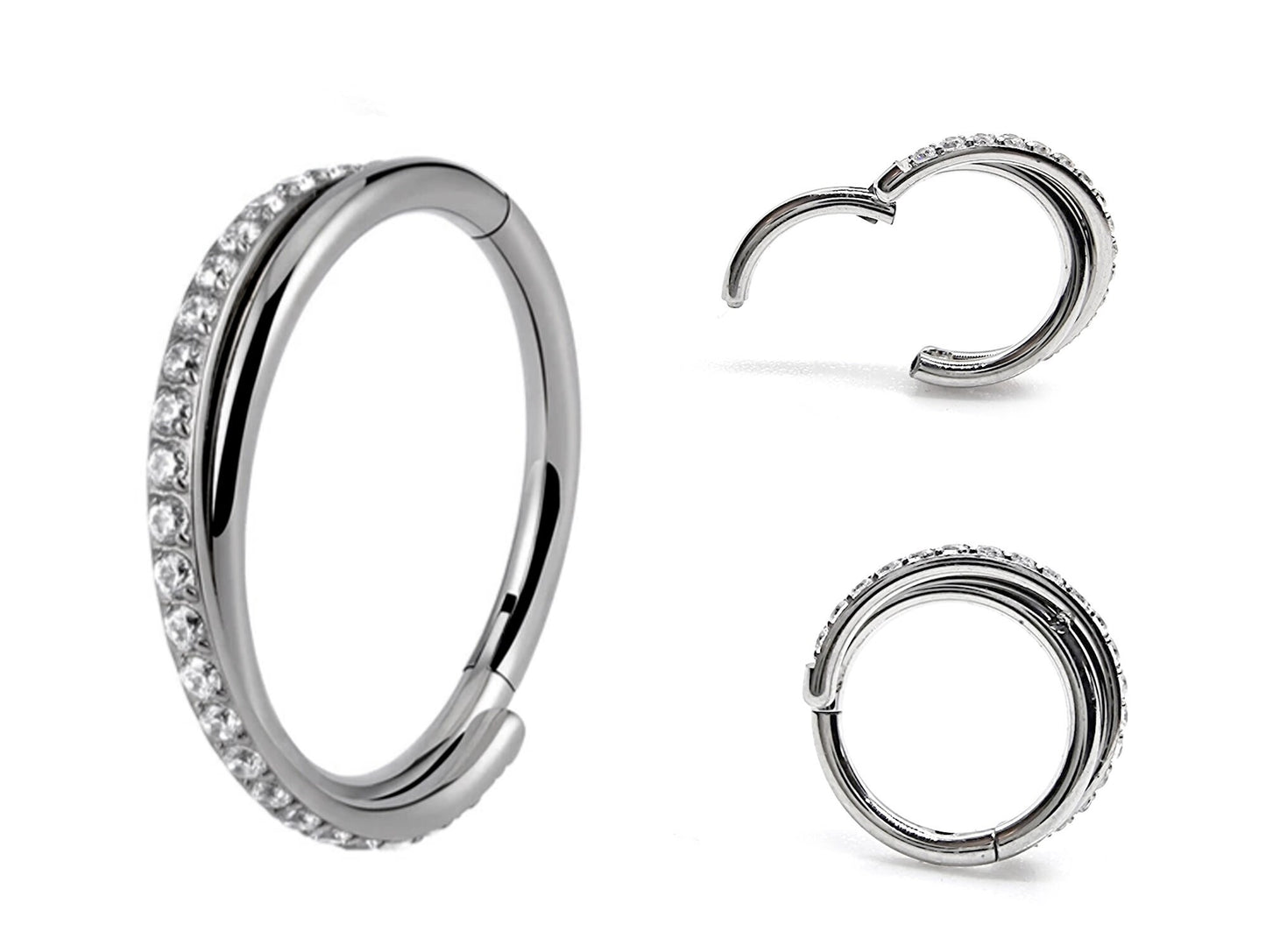 Titanium Clicker Hoops Nose Ring, Helix Hoop Earrings - Hinged Nose Ring with Stone Settings - Body Piercing Ring For Nose, Cartilage, Daith