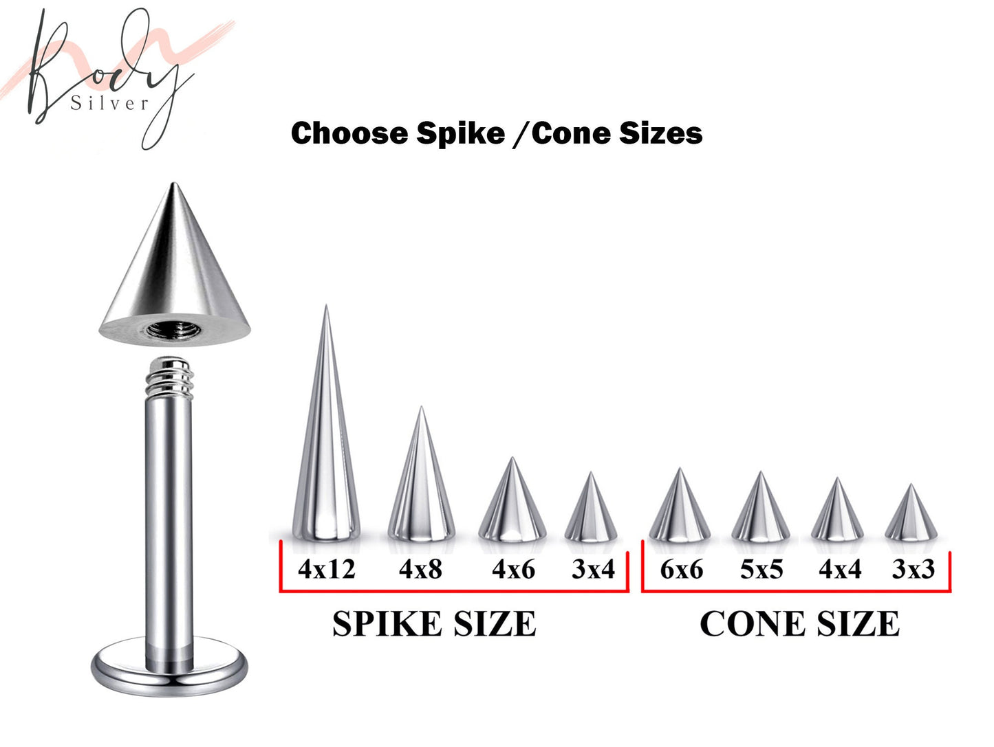 Spike Tragus Earring, Flat Back Cartilage Earring - Choose Cone / Spike Size for Piercing Stud - Body Piercing for Nipple, Lip Stud