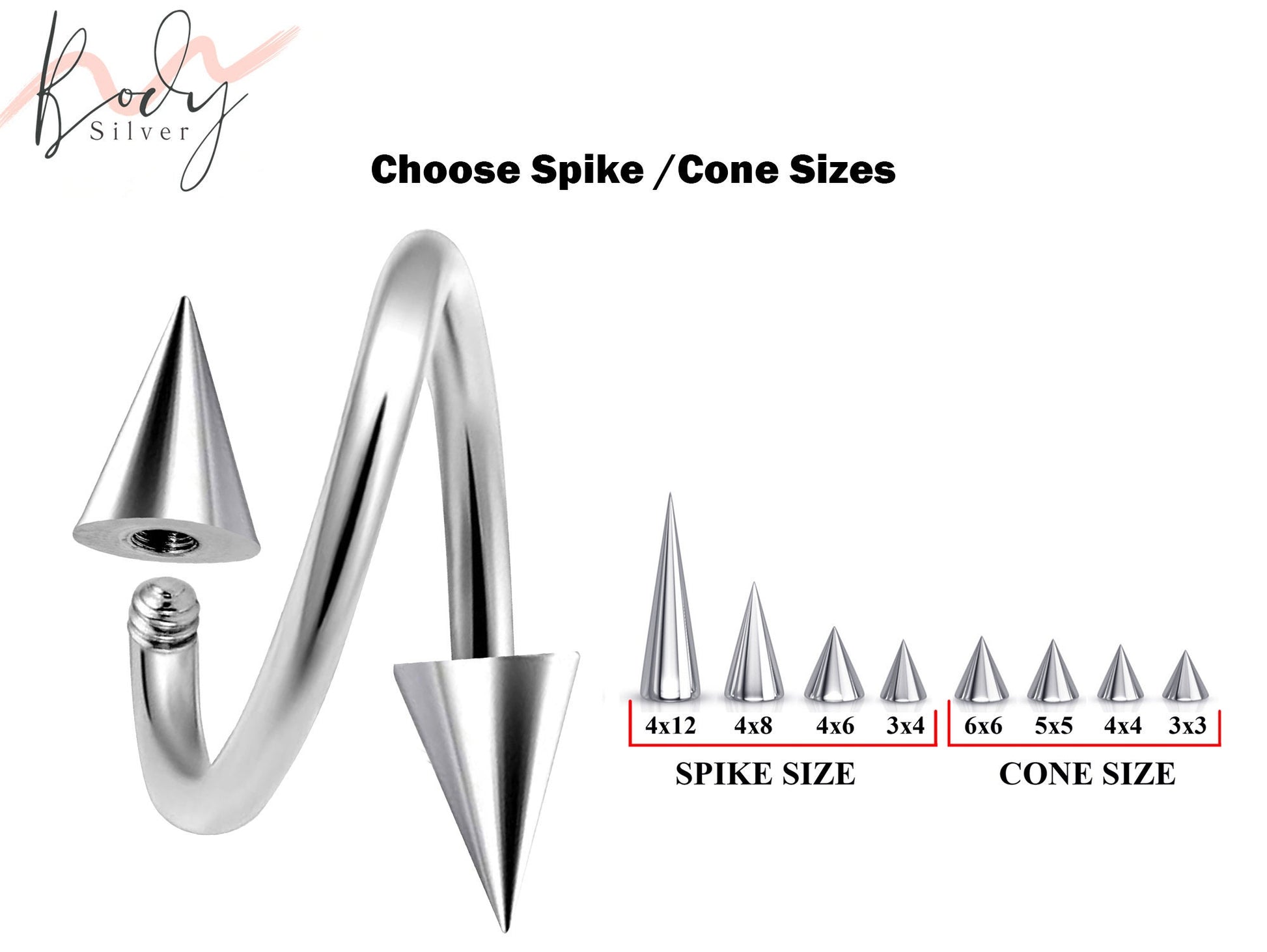 Spike Helix Earrings, Cartilage Piercing - Choose Cone / Spike Size for Piercing Stud - Spiral Body Piercing for Nipple, Lips, Tongue, Ears