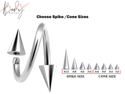 Spike Helix Earrings, Cartilage Piercing - Choose Cone / Spike Size for Piercing Stud - Spiral Body Piercing for Nipple, Lips, Tongue, Ears