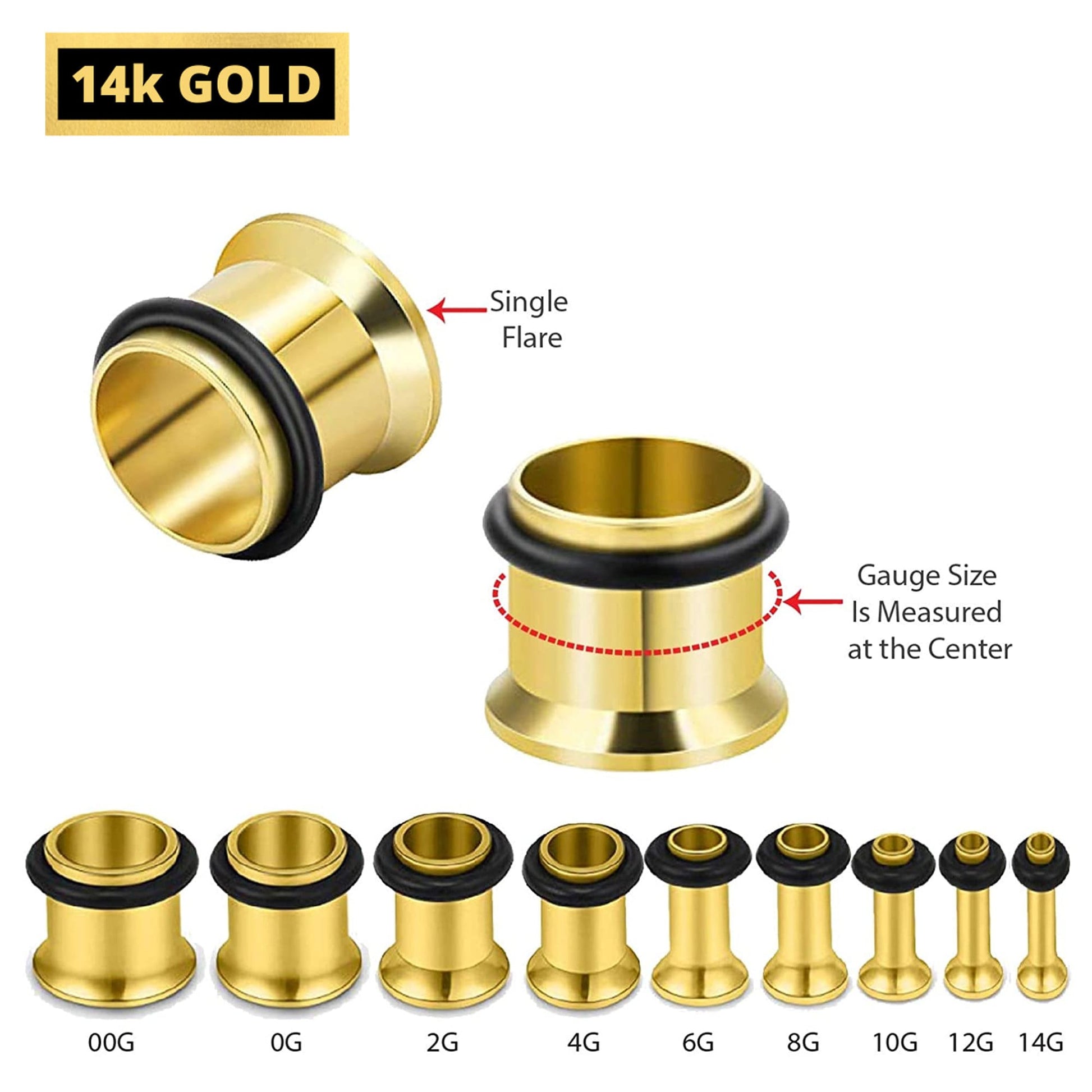 Single Flared Plugs - 14K Solid Gold - Ear Tunnel Stretcher Plug, Single Flare Eyelet - Expander Body Piercing - Flat Surface no Grooves