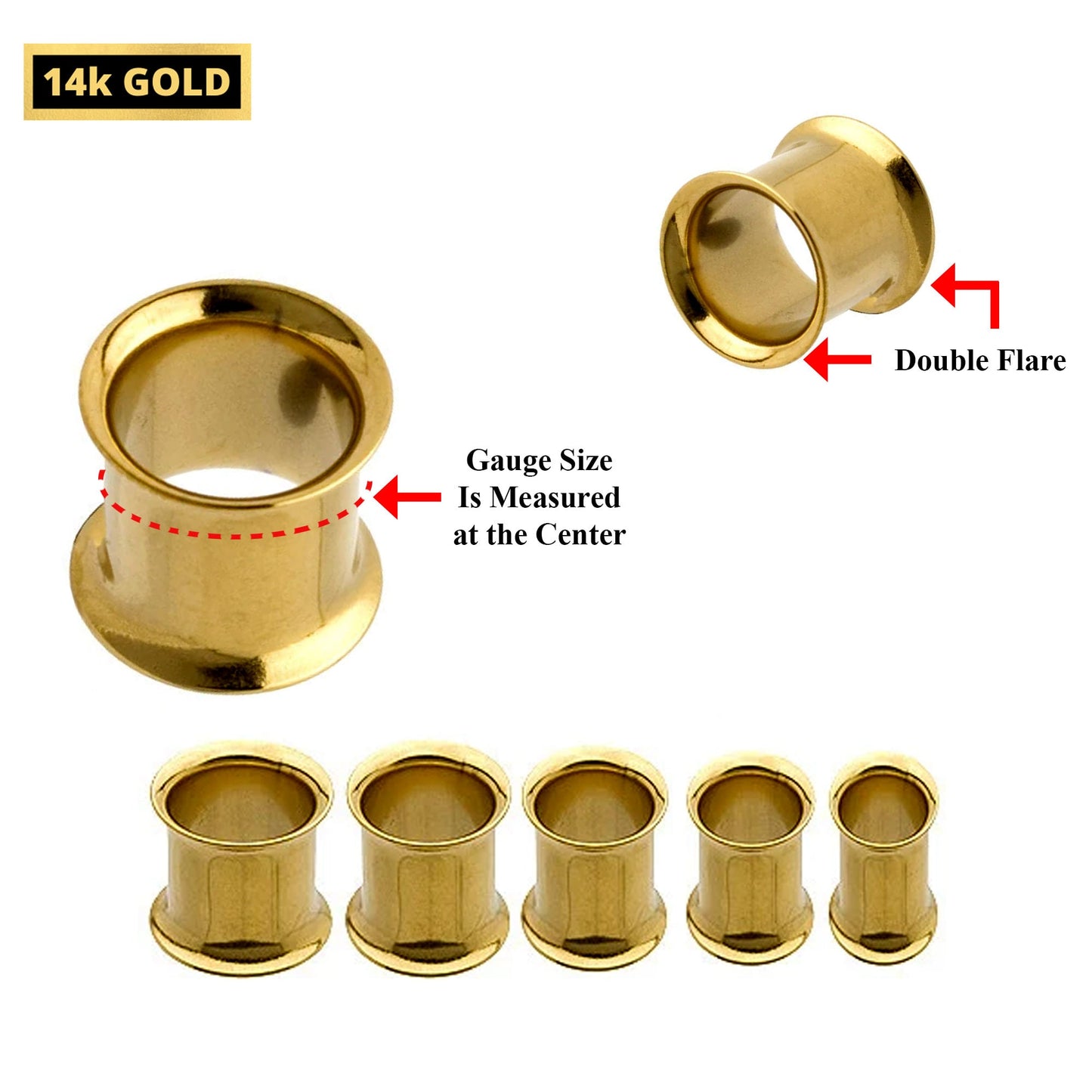 14K Gold Double Flared Plugs Earrings - 2g 4g 6g 8g 0g Ear Tunnel Stretcher Plugs, Flared Eyelet - Expander Body Piercing