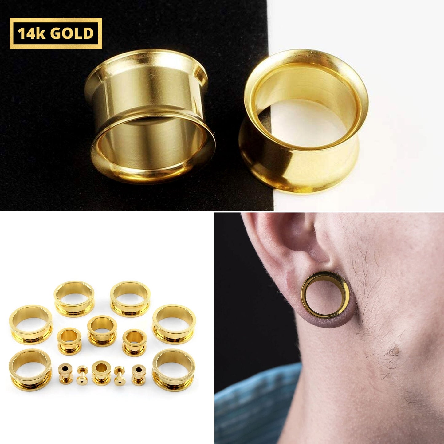 14K Gold Double Flared Plugs Earrings - 2g 4g 6g 8g 0g Ear Tunnel Stretcher Plugs, Flared Eyelet - Expander Body Piercing