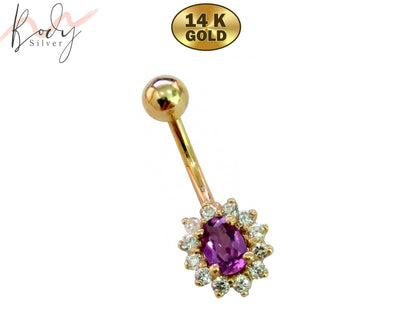 Flower Belly Button Ring with real Tanzanite and Amethyst - 14K Gold Hand Set and Hand Polished - Solid Gold - Fine Jewellery Quality