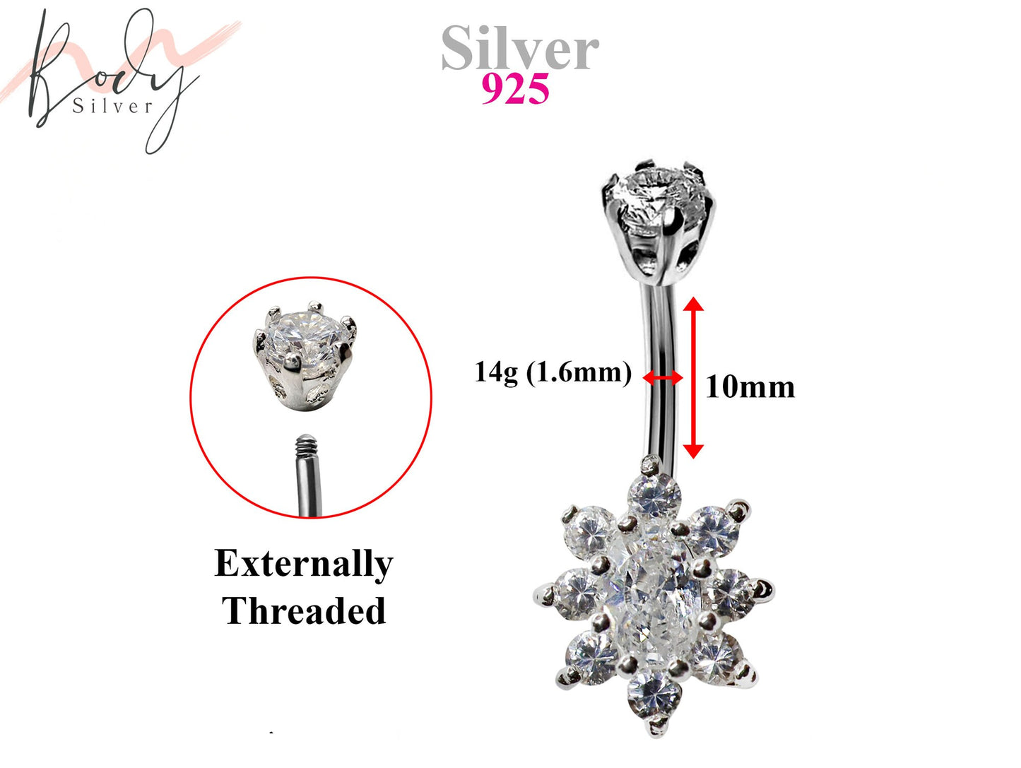 Silver Belly Button Piercing, Belly Bars - Belly Ring Flower CZ Crystals - Navel Ring - 14g (1.6mm) Length is 10mm