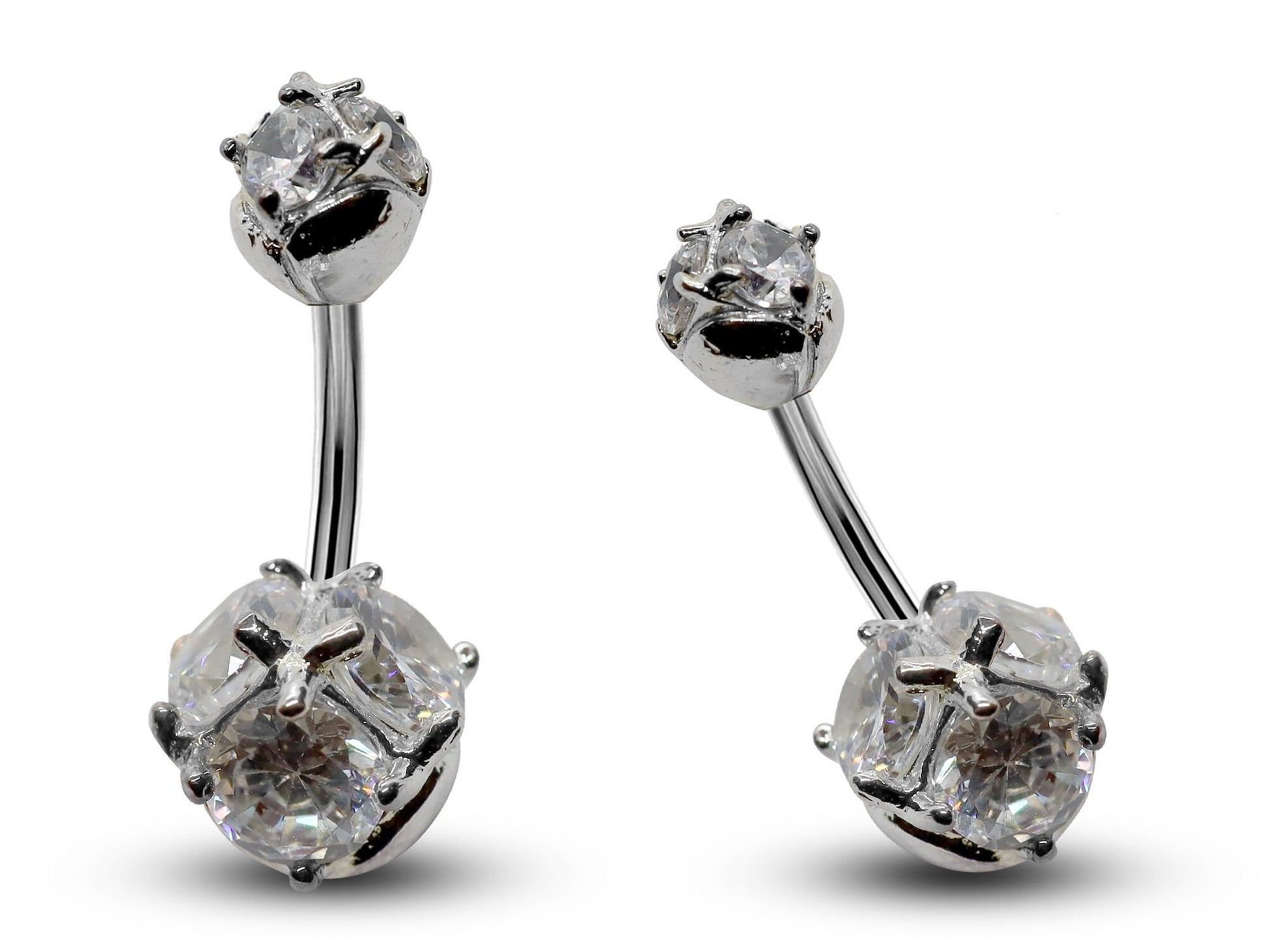 Silver Belly Bars, Navel Ring - Triple Round Crystal Belly Piercing - Prong Setting - Navel Jewelry - 14g (1.6mm) Length is 8mm - 12mm