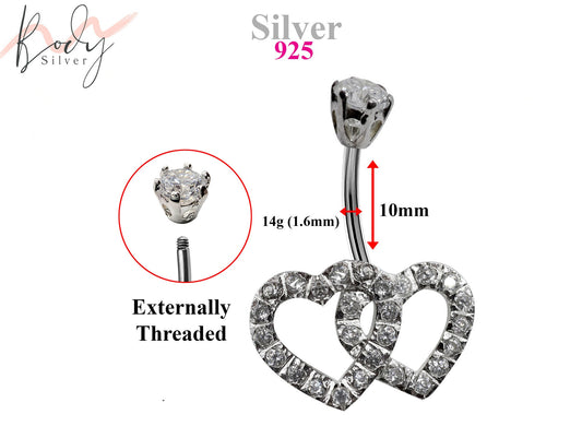 Silver Belly Bars, Belly Piercing - Double Heart Belly Ring with High Quality Oval CZ Crystals - Navel Jewelry - 14g (1.6mm) Length is 10mm