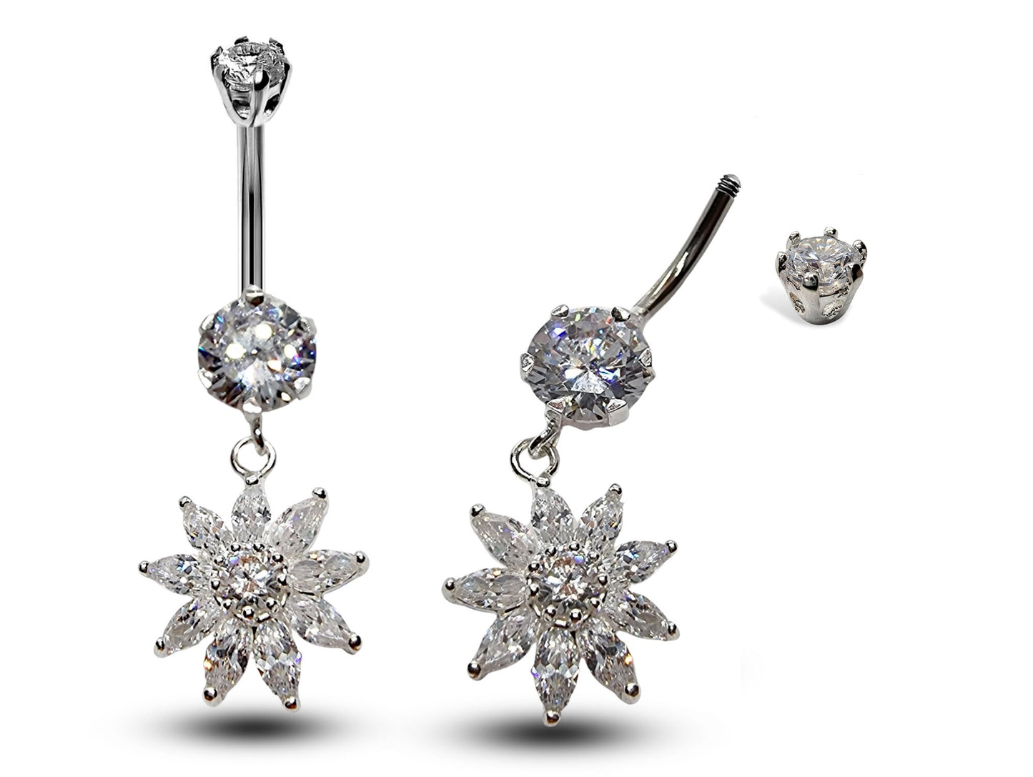 Silver Belly Bars, Navel Ring - Dangle Flower Belly Piercing with CZ Crystals - Navel Jewelry - 14g (1.6mm) Length is 10mm