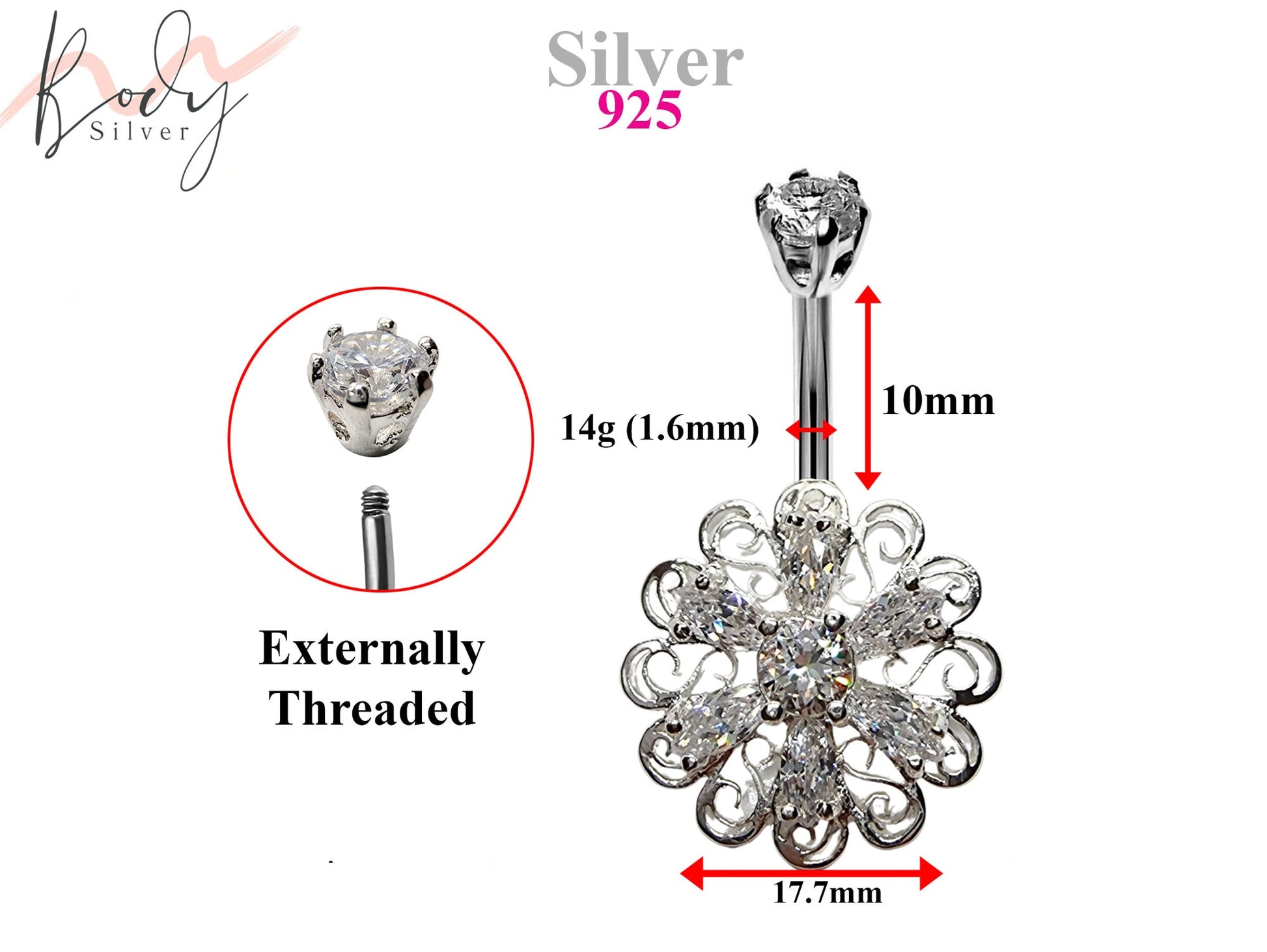 Silver Belly Button Piercing, Belly Bars - Unique Style Belly Ring with High Quality CZ Crystals - Navel Ring - 14g (1.6mm) Length is 10mm