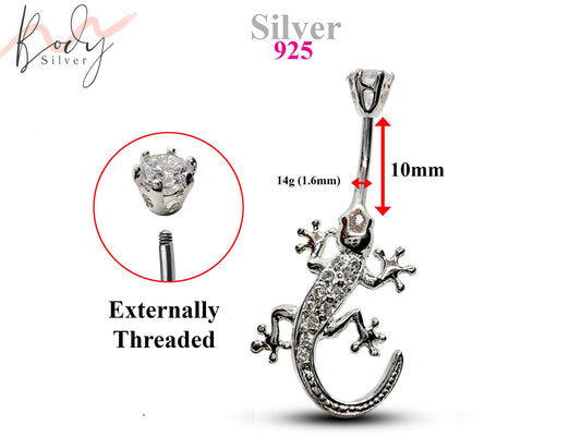 Silver Belly Button Piercing, Belly Bars - Gecko Lizard Belly Ring with High Quality CZ Crystals - Navel Ring - 14g (1.6mm) Length is 10mm