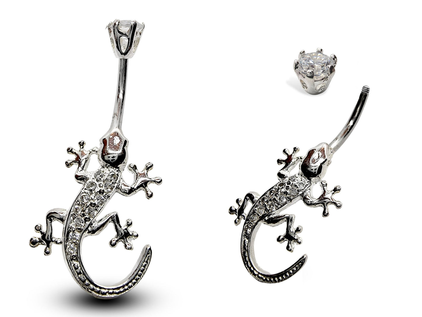 Silver Belly Button Piercing, Belly Bars - Gecko Lizard Belly Ring with High Quality CZ Crystals - Navel Ring - 14g (1.6mm) Length is 10mm