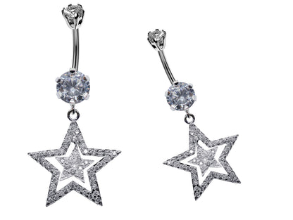 Silver Belly Bars, Belly Piercing - Double Star Belly Button Ring with High Quality CZ Crystals - Navel Jewelry - 14g (1.6mm) Length is 10mm