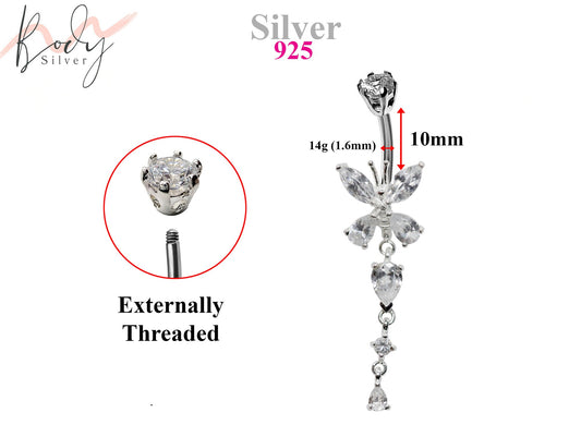 Silver Belly Button Piercing, Belly Bars - Butterfly dangle Belly Ring with Round and Tear drop CZ Crystals Navel Ring 14g (1.6mm)