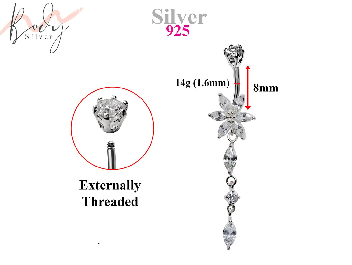 Silver Dangle Flower Belly Bars, Navel Ring - Drop Belly Ring with High Quality CZ Crystals - Curved Barbell - 14g (1.6mm) Length is 8mm