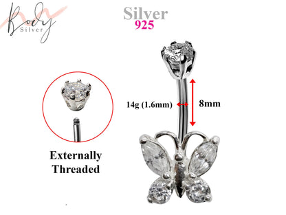 Silver Belly Bars, Navel Ring - Butterfly Belly Ring with High Quality CZ Crystals - Curved Barbell - 14g (1.6mm) Length is 8mm