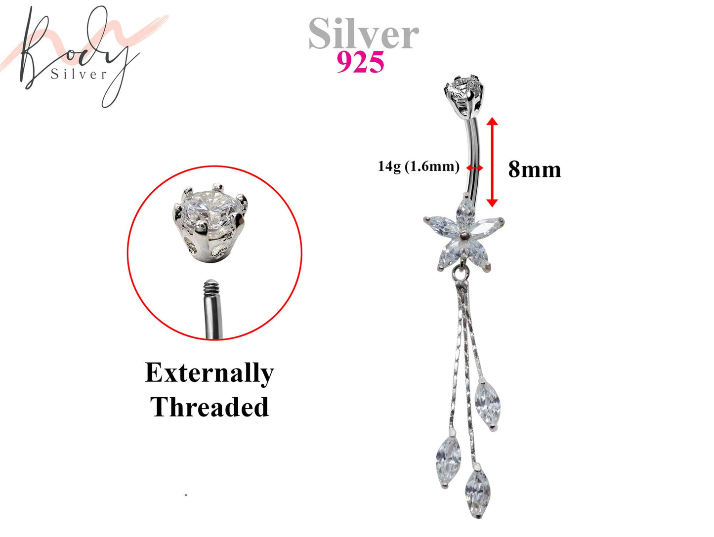 Silver Dangle Belly Bars, Navel Ring - Flower Dangle Belly Ring with Chain Drop CZ Crystals - Curved Barbell - 14g (1.6mm) Length is 8mm