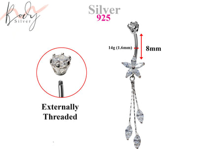 Silver Dangle Belly Bars, Navel Ring - Flower Dangle Belly Ring with Chain Drop CZ Crystals - Curved Barbell - 14g (1.6mm) Length is 8mm