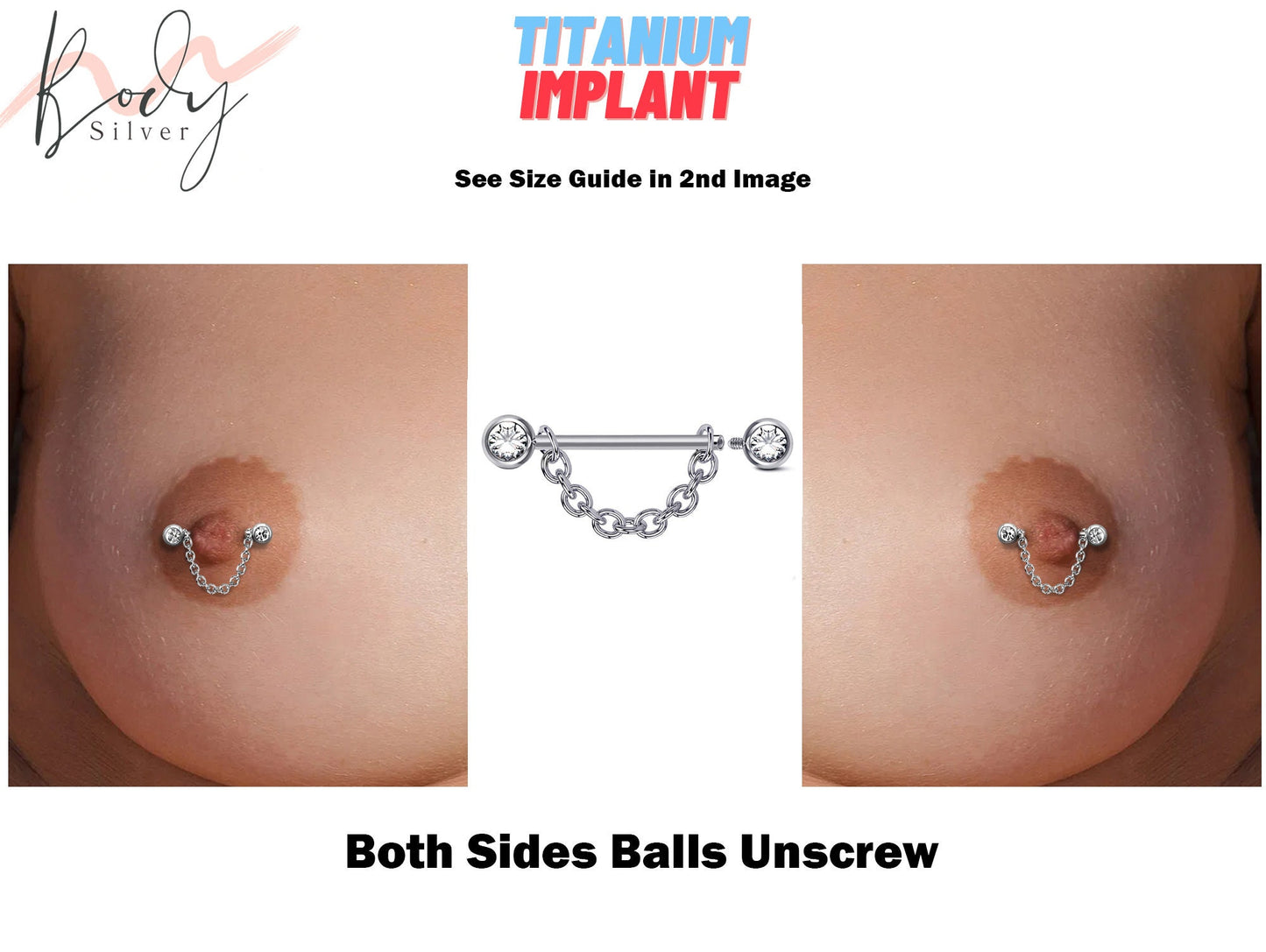 Titanium Nipple Front Face Barbell, Nipple Piercing Chain - 14g Nipple Jewelry Barbell with Chain and CZ Clear Crystals -Nipple Jewelry