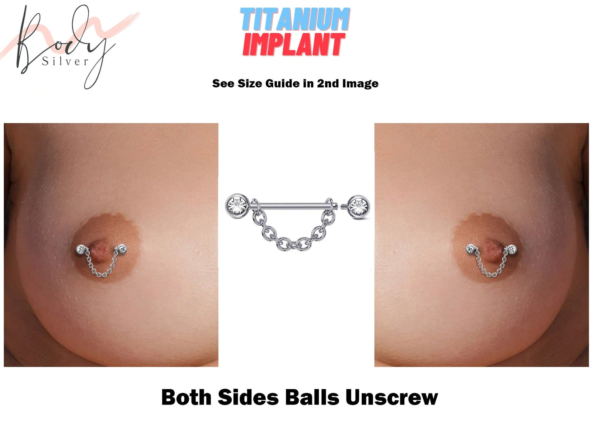 Titanium Nipple Front Face Barbell, Nipple Piercing Chain - 14g Nipple Jewelry Barbell with Chain and CZ Clear Crystals -Nipple Jewelry