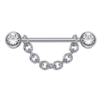 Titanium Nipple Front Face Barbell, Nipple Piercing Chain - 14g Nipple Jewelry Barbell with Chain and CZ Clear Crystals -Nipple Jewelry