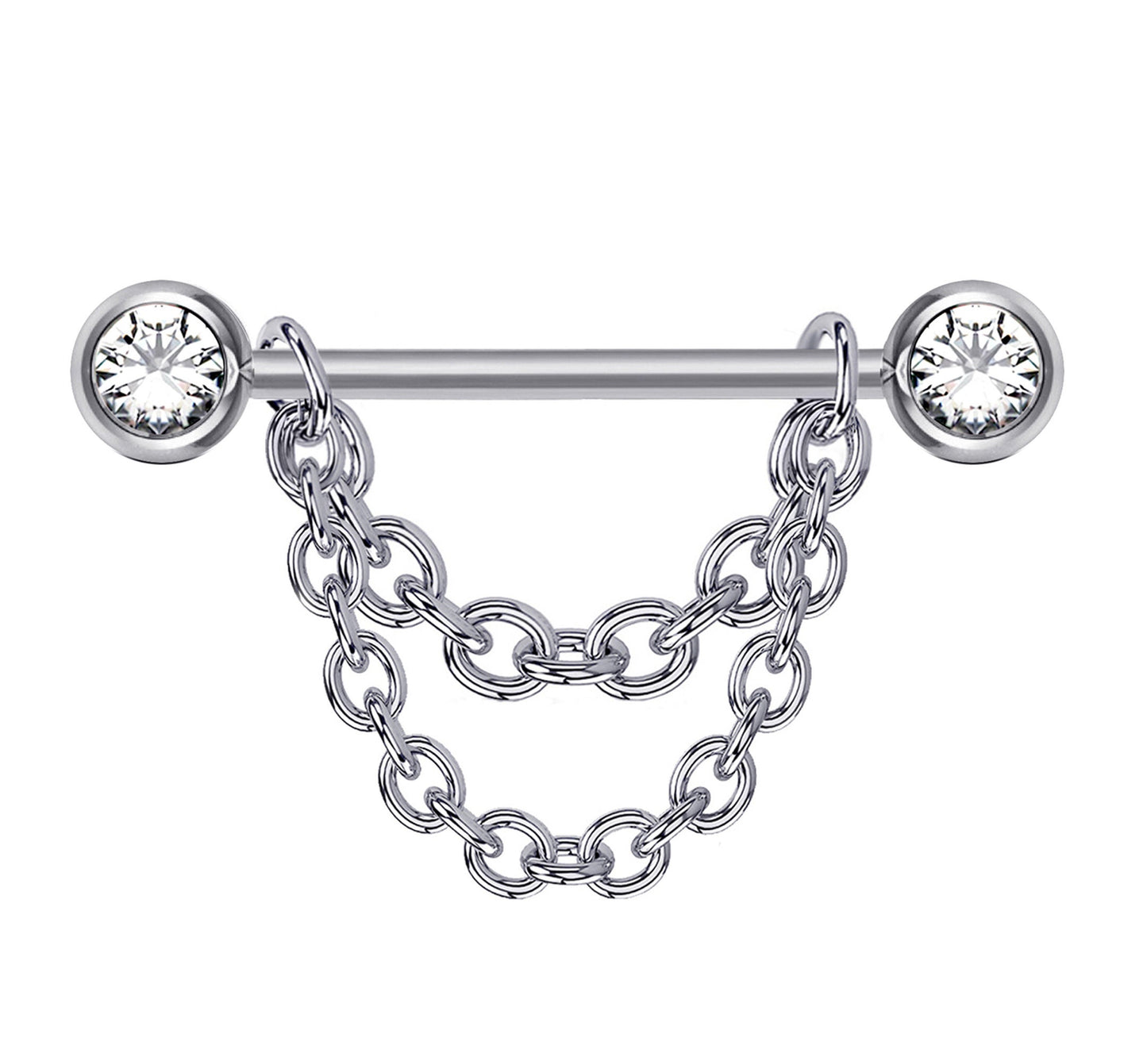 Titanium Nipple Front Face Barbell, Nipple Piercing Chain - 14g Nipple Jewelry Barbell with Chain and CZ Clear Crystals -Nipple Jewelry