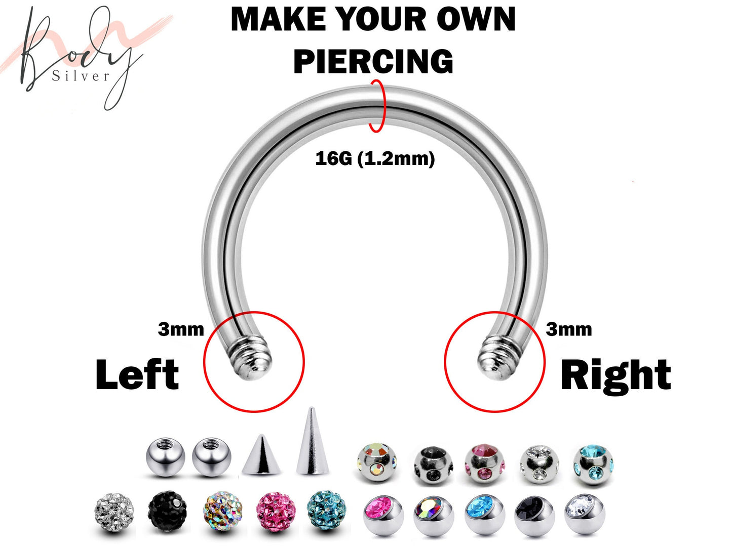 Lip Piercing, Nose Septum Jewelry, Horseshoe Jewelry - Customize 16g CBB Make your own Piercing Jewelry - Ball Size 3mm