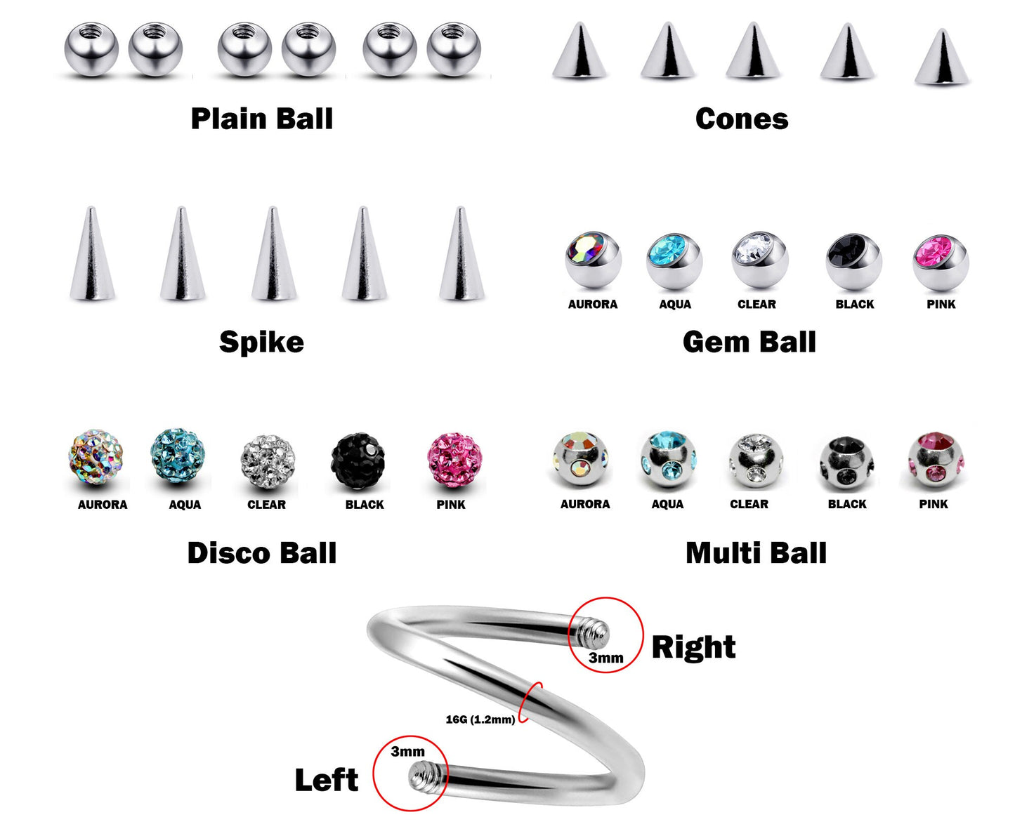 Helix Earrings, Cartilage Stud, Spiral Piercing - Customize 16g Screw Back Earrings Make your own Piercing Jewelry - Ball Size 3mm