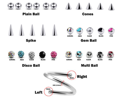 Helix Earrings, Cartilage Stud, Spiral Piercing - Customize 16g Screw Back Earrings Make your own Piercing Jewelry - Ball Size 3mm