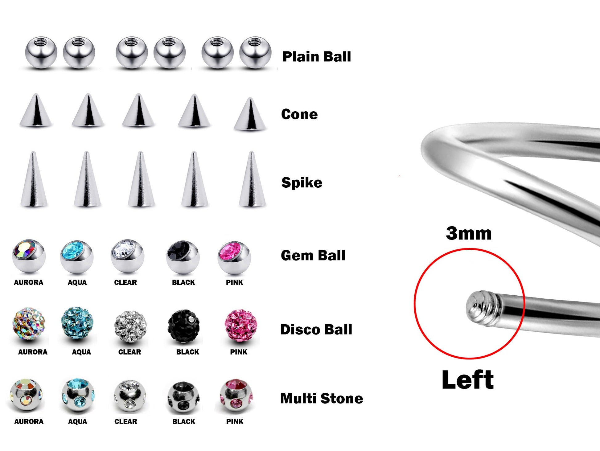 Helix Earrings, Cartilage Stud, Spiral Piercing - Customize 16g Screw Back Earrings Make your own Piercing Jewelry - Ball Size 3mm