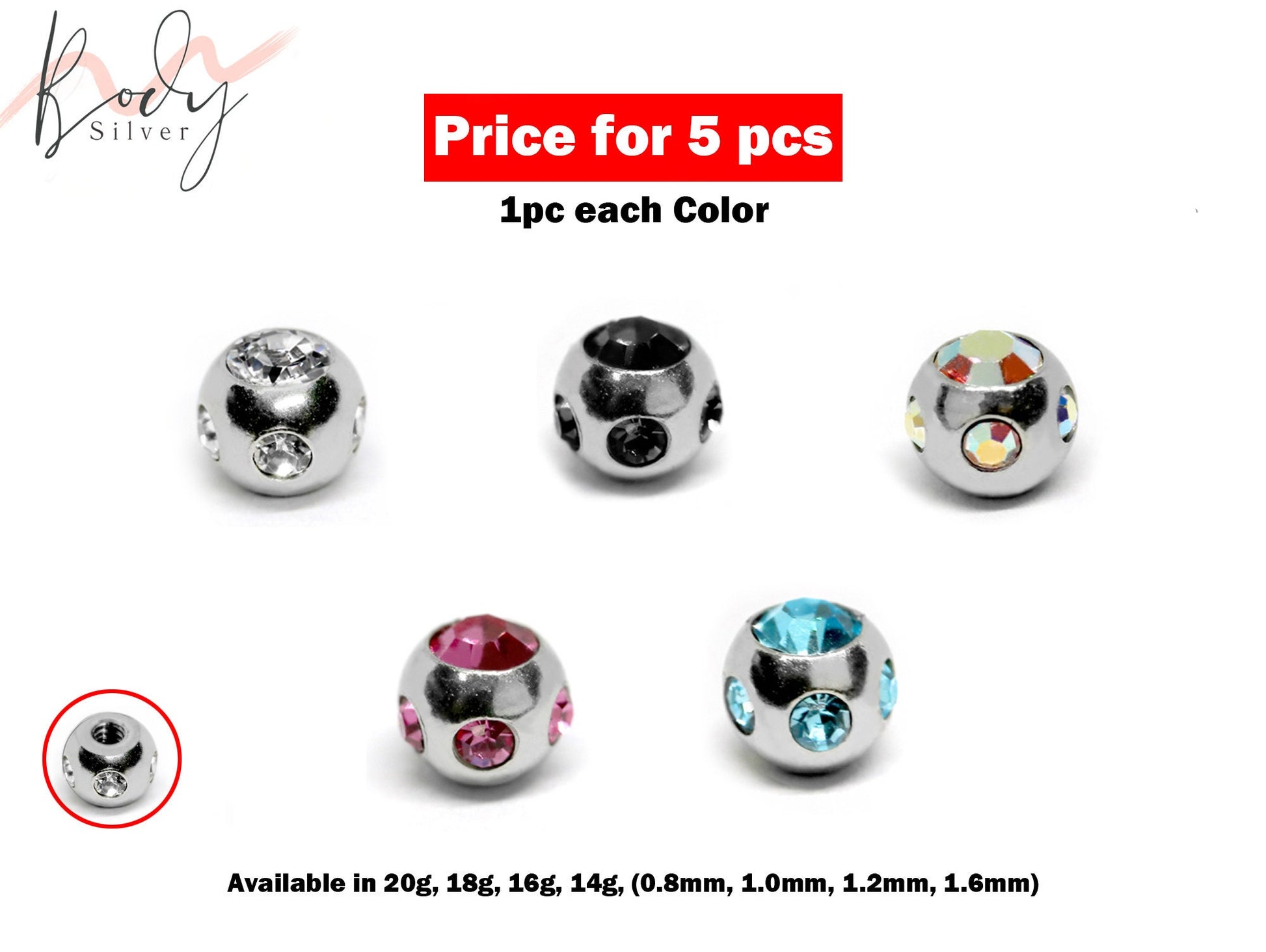 Replacement Ball Parts Multi Stone Ball – 5pcs, 10pcs Piercing Ball Crystals 2pcs each Color Loose part for Barbell, Labret, Horseshoe