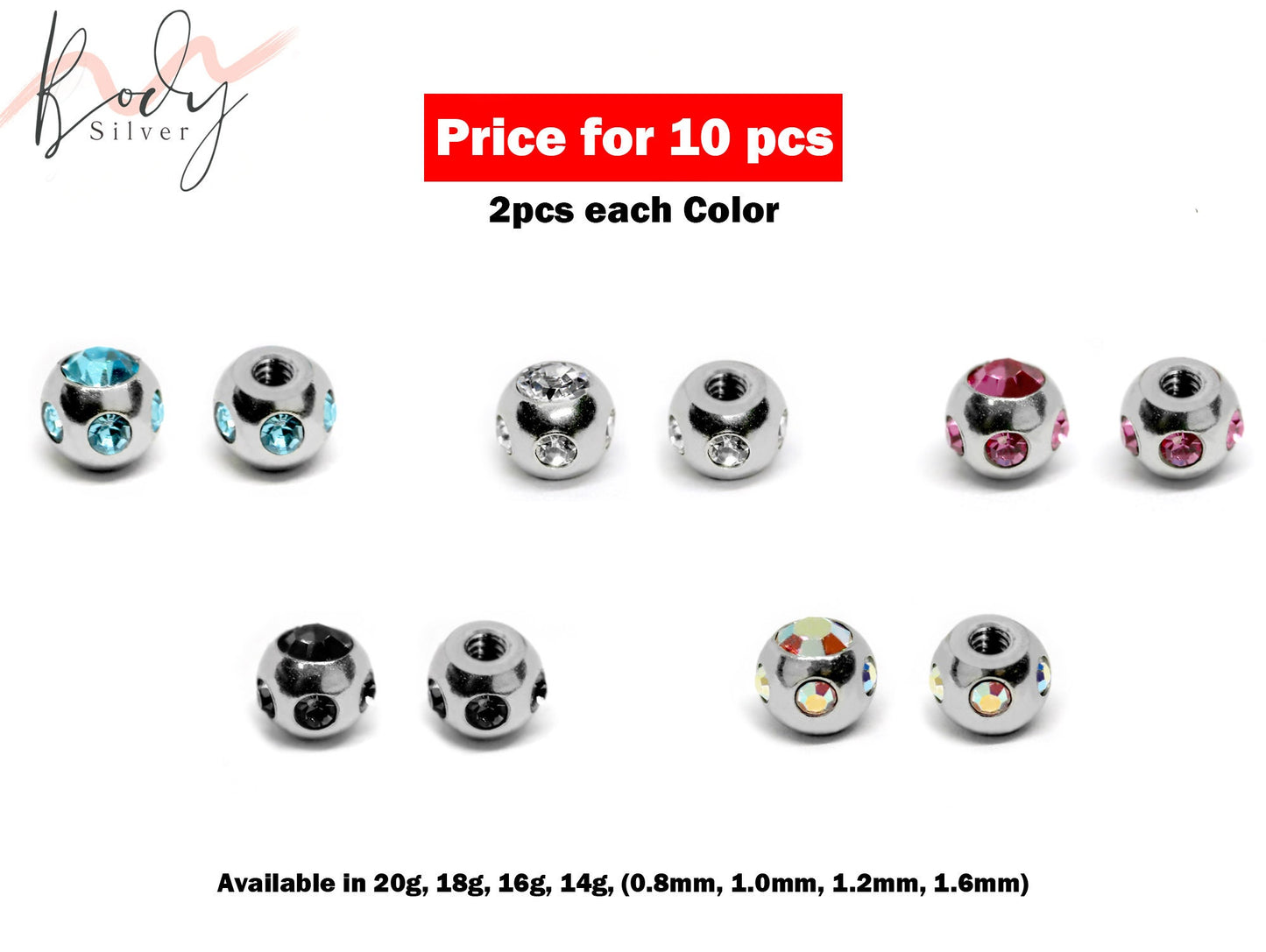 Replacement Ball Parts Multi Stone Ball – 5pcs, 10pcs Piercing Ball Crystals 2pcs each Color Loose part for Barbell, Labret, Horseshoe