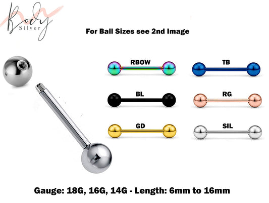 Barbell Earring, Industrial Piercing- Tongue Piercing - Body Piercing Barbells, Daith, Tragus, Helix, Nose Bridge, Nipple Barbells