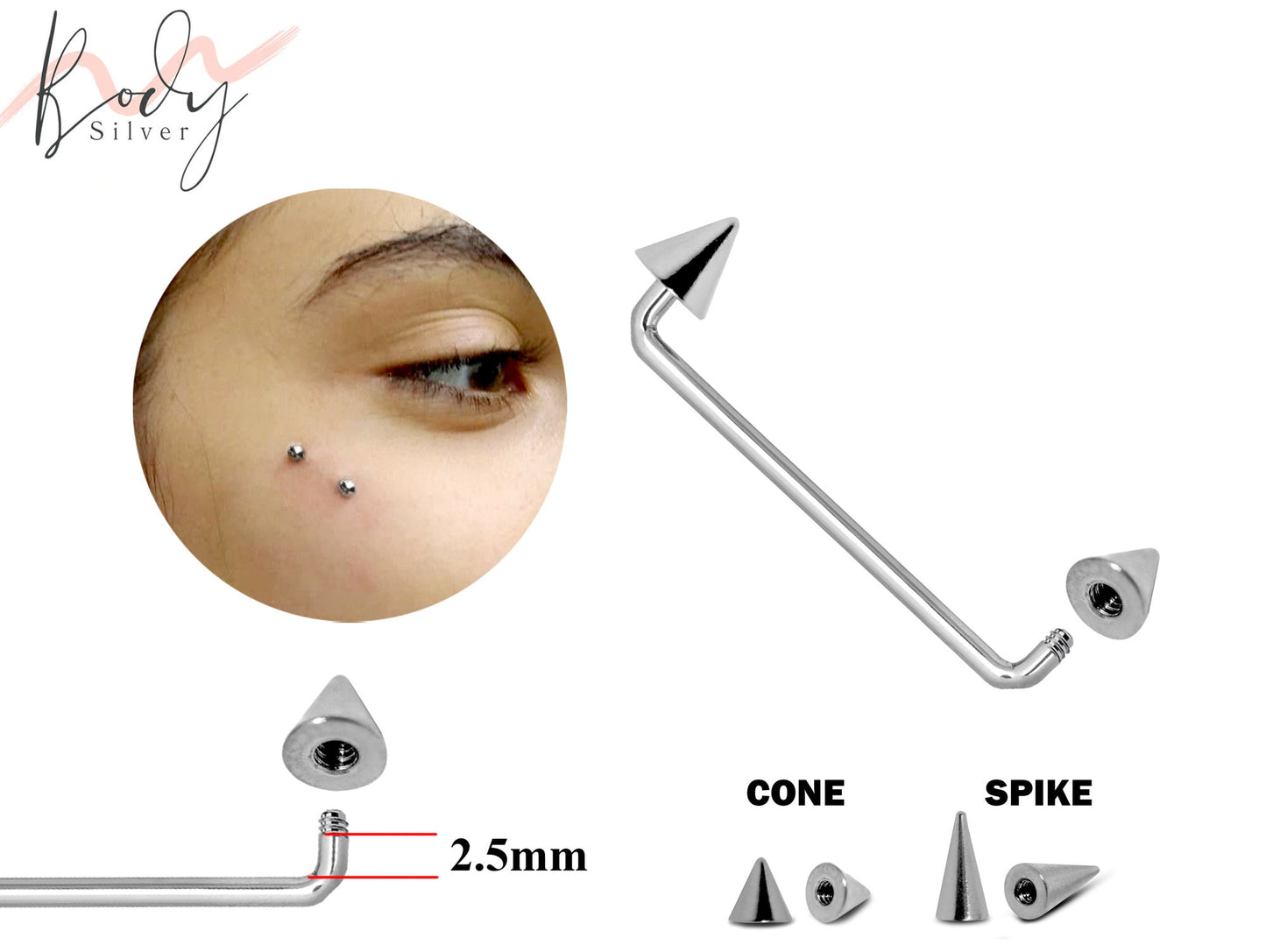 Surface Tragus Piercing, Wrist Piercing - 16g 14g Surface Staple Bar - Threaded Cone / Spike Body Piercing for Nape, Face, Chest, Hips