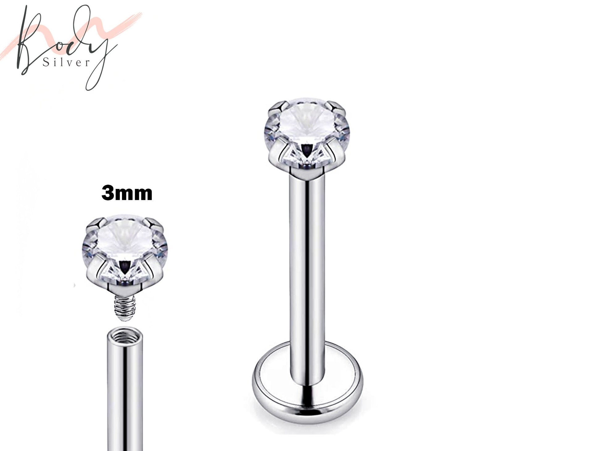 Tragus Earring, Flat Back Cartilage Earring with Prong Set Round CZ Crystal Piercing for 16g Labret Monroe Lip Ring Helix Rook Earring Stud