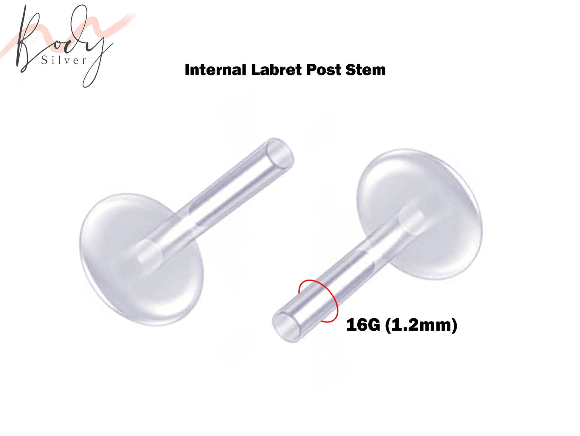 Bioflex Labret Internal Replacement Post Retainer - 16g Clear Flexible Internal Labret Stem Post for Cartilage Stud, Lip Piercing Retainer