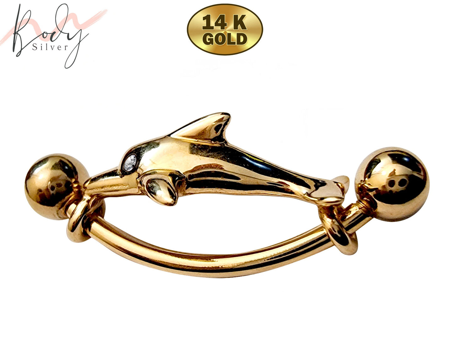 Solid Gold Dolphin Belly Button Ring 14K Gold Belly Bar- 14g Belly Ring Length is 16mm - Finest Quality Gold Body Piercing Jewelry