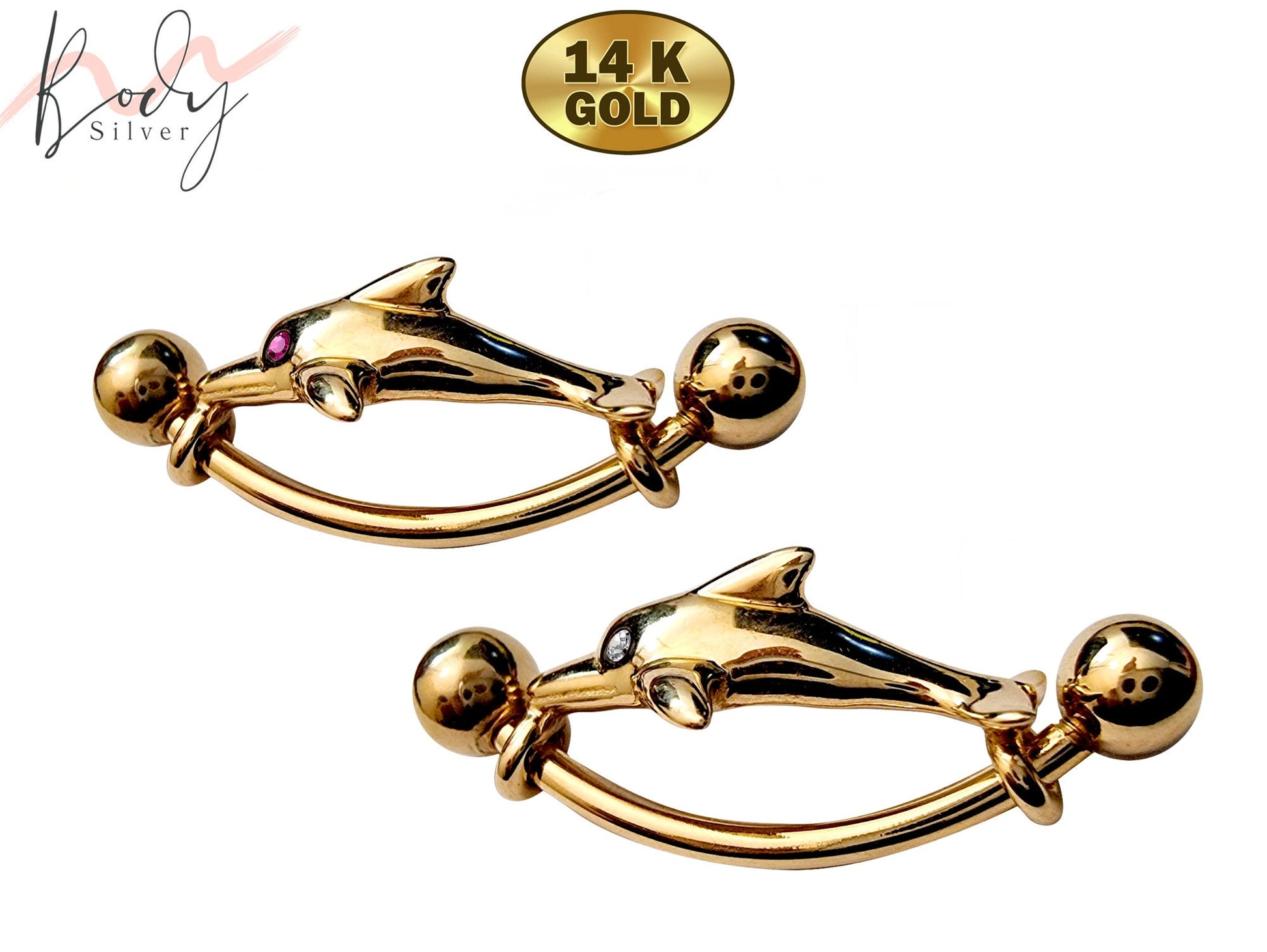 Solid Gold Dolphin Belly Button Ring 14K Gold Belly Bar- 14g Belly Ring Length is 16mm - Finest Quality Gold Body Piercing Jewelry