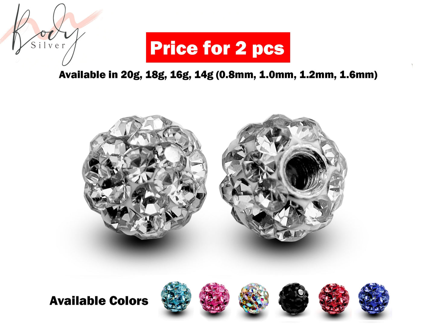 Replacement Piercing Parts Disco Ball Crystal – 2pcs Ferido Ball Loose Part Attachment for Barbell, Labret, Horseshoe Externally Threaded