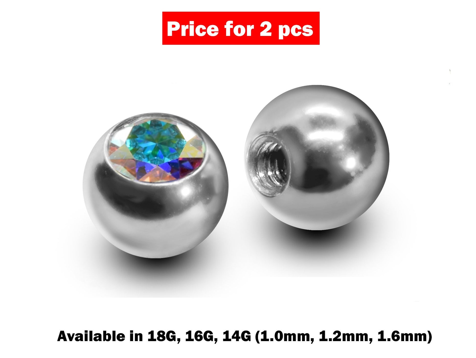 Replacement Piercing Ball – 2pcs Ball Parts with Aurora Borealis Crystals Loose Part Attachment for Barbell, Labret, Externally Threaded