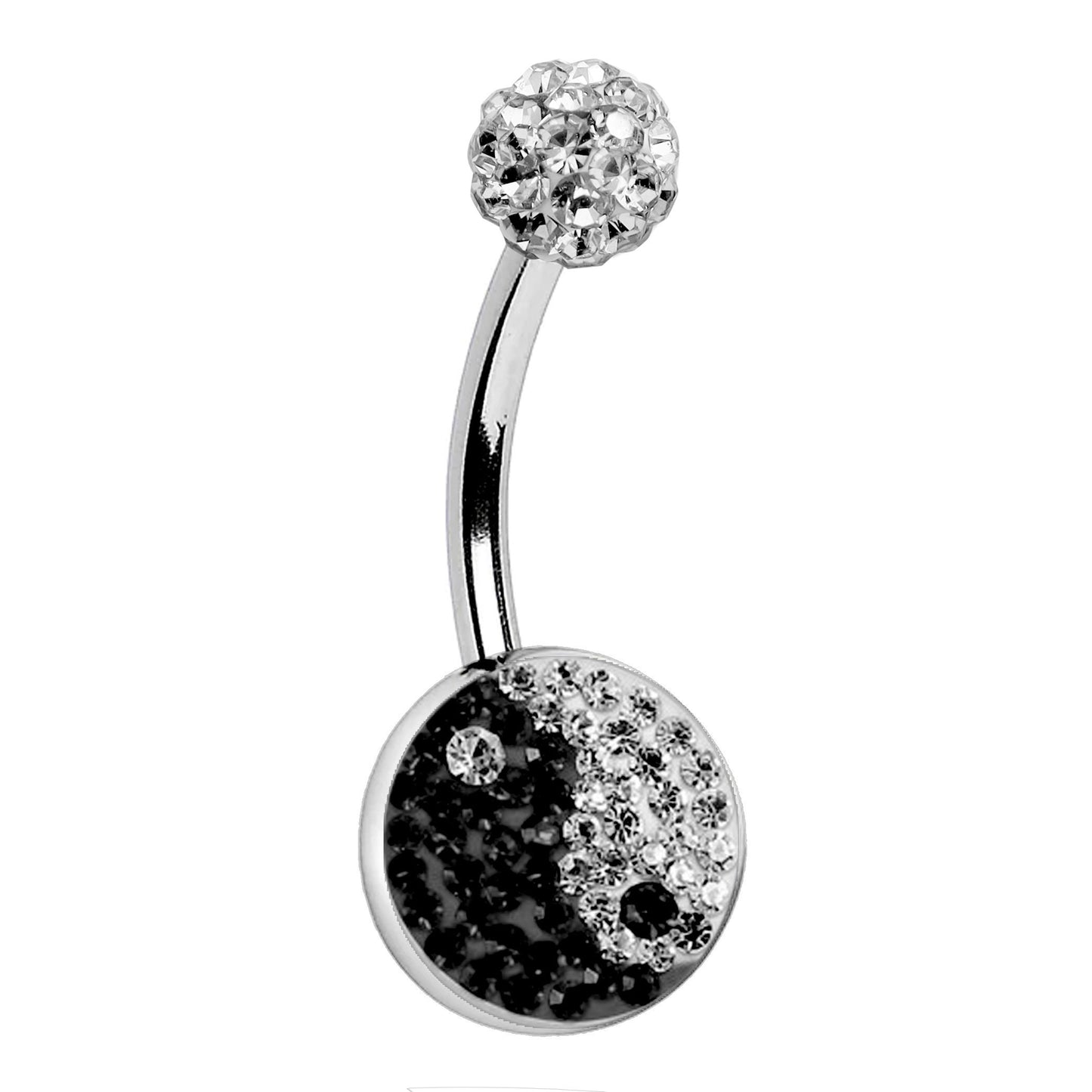 Yin Yang Belly Ring Jewelry - 14g Silver Belly Bar with Bling Bling Yin Yang CZ Crystals - Body Piercing for Navel Ring, Navel Piercing