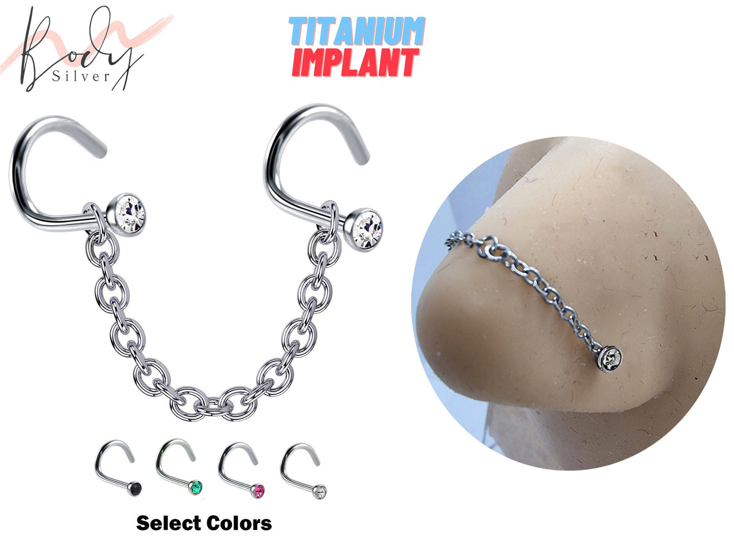 Titanium Nose Chain Piercing - Nose Piercing with Nostril Screw stud and CZ Crystals - Body Piercing Nostril Jewelry with Bridge Chain